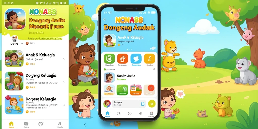 Antarmuka aplikasi NONA88 dengan koleksi dongeng audio yang menarik.